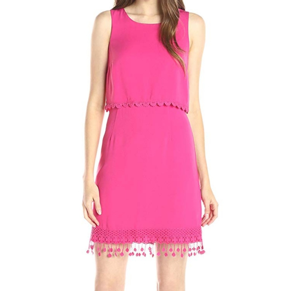 Kensie Pink Lace Trim Sleeveless Popover Dress S